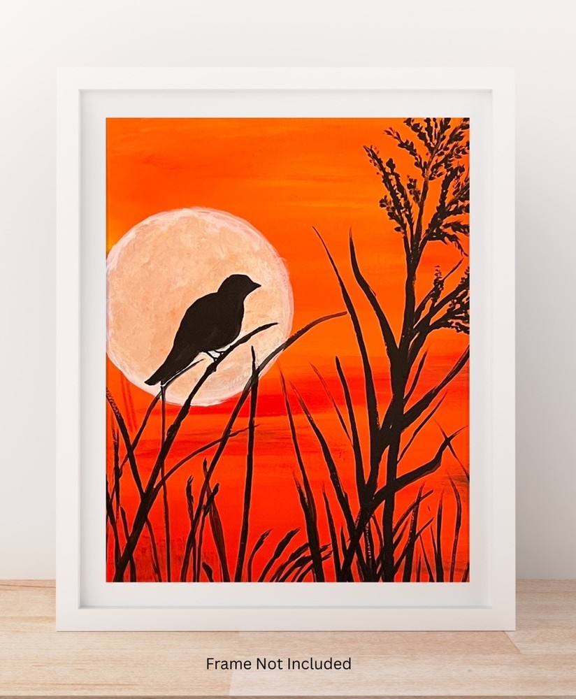 Hand Painted Original Orange Sky Full Moon Bird Silhouette Acrylic 11x13” Paper