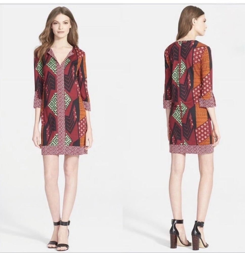Diane von Furstenberg Geometric Silk Shift Dress Multicolor V-Neck | 12