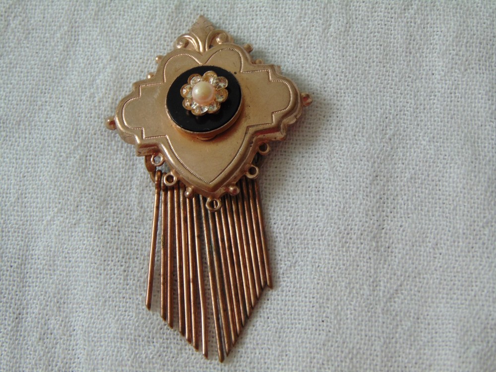 antique Etruscan Revival black clear crystals pearl fringe dangles brooch