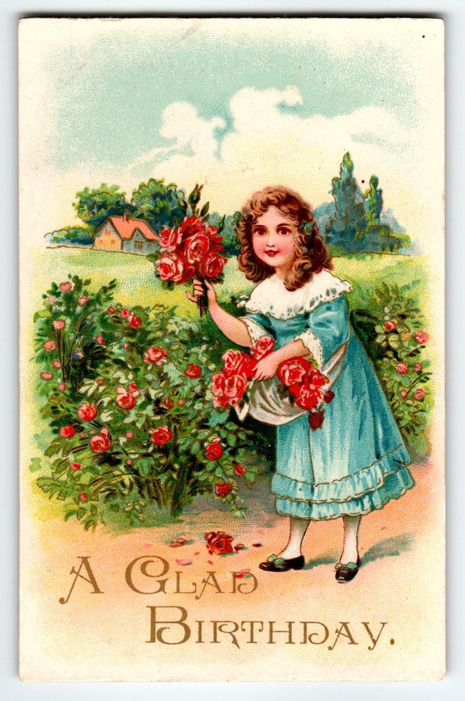 Birthday Postcard Girl Picking Red Roses in Garden 