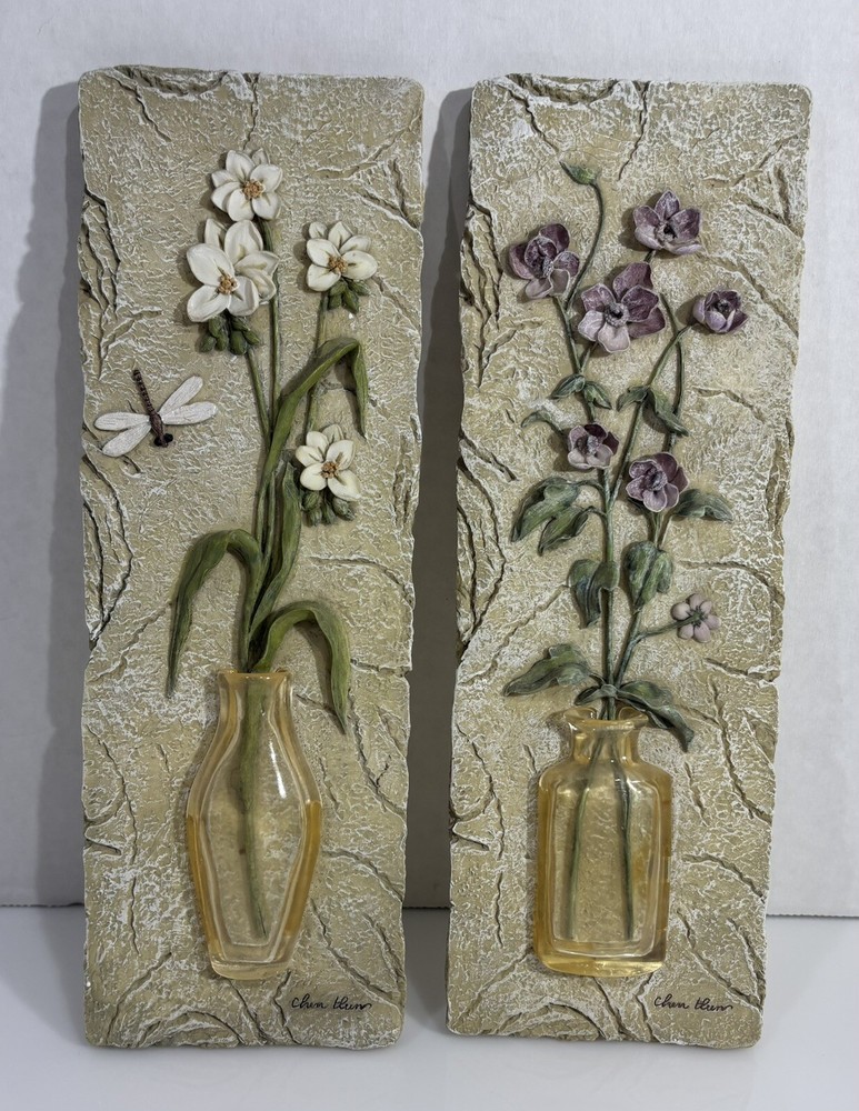 Vtg 1990s Cheri Blum Resin 3D Flowers in Vases Wall Art Plaques 9.5