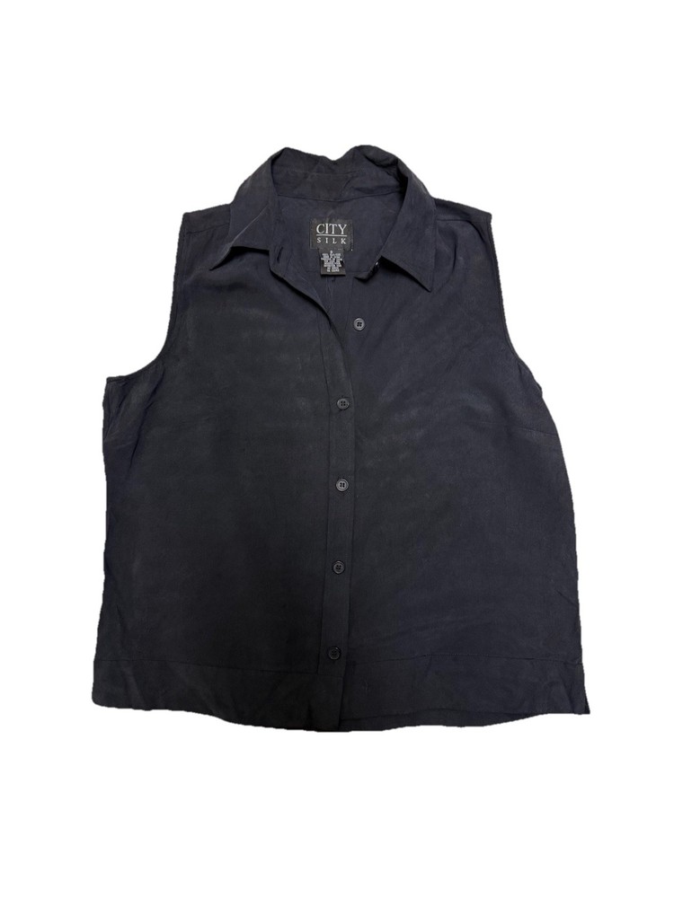 Womens’s Sleeveless Tank Button Down Blouse 100% Silk Vintage Size Small Black