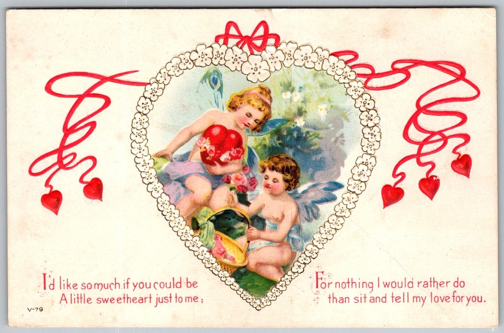 Antique Postcard Valentine Cherubs Heart 1910s