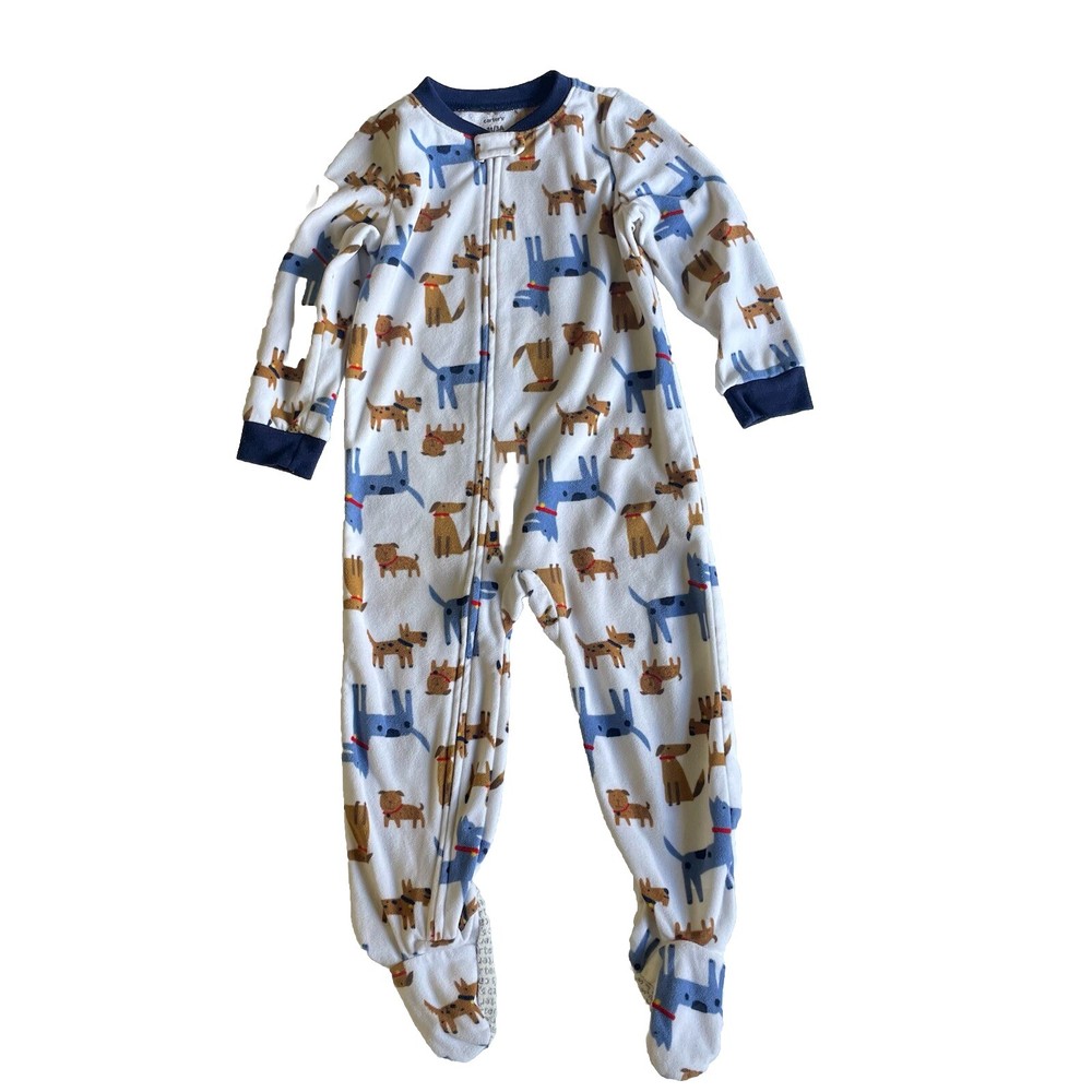 Boy’s Long Sleeve Footed Pajamas White Blue Trim Blue and Brown Dogs Carter’s 3T