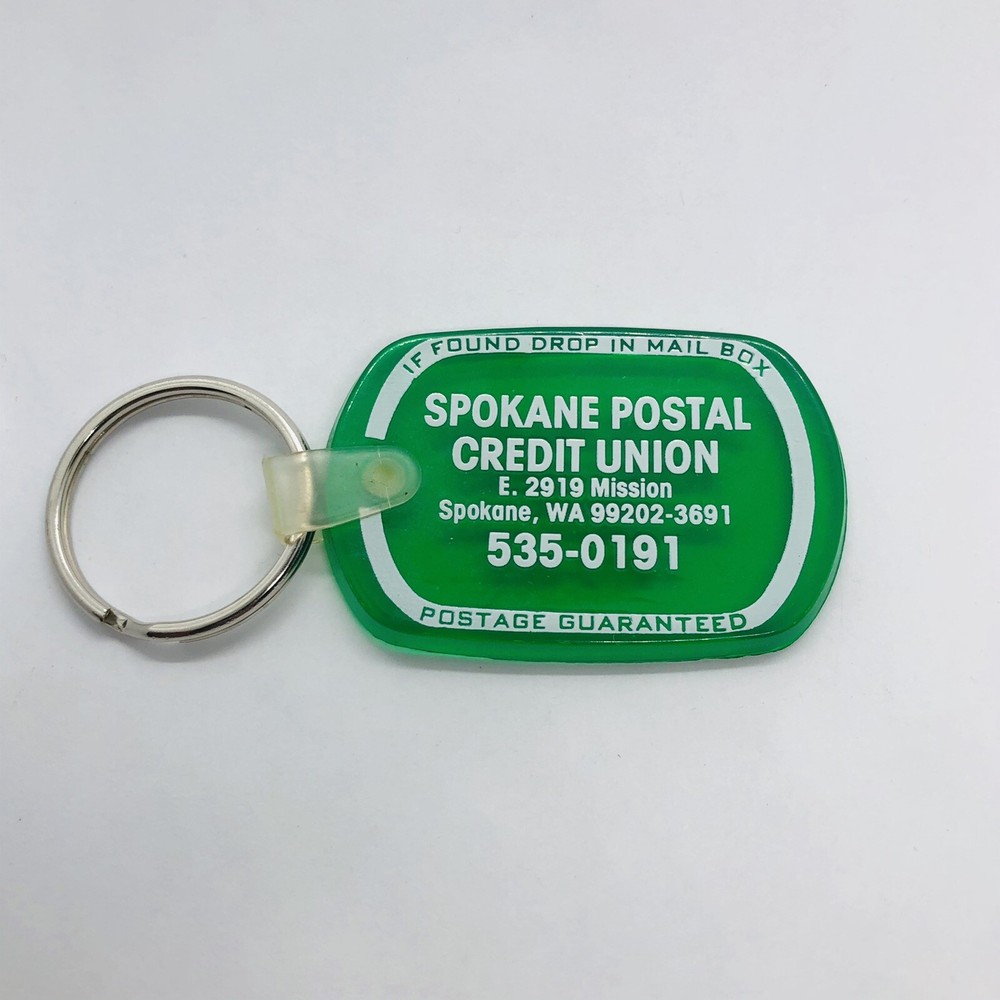 Vtg Green Spokane Postal Credit Union Rubber Advertising Keychain Key Ring