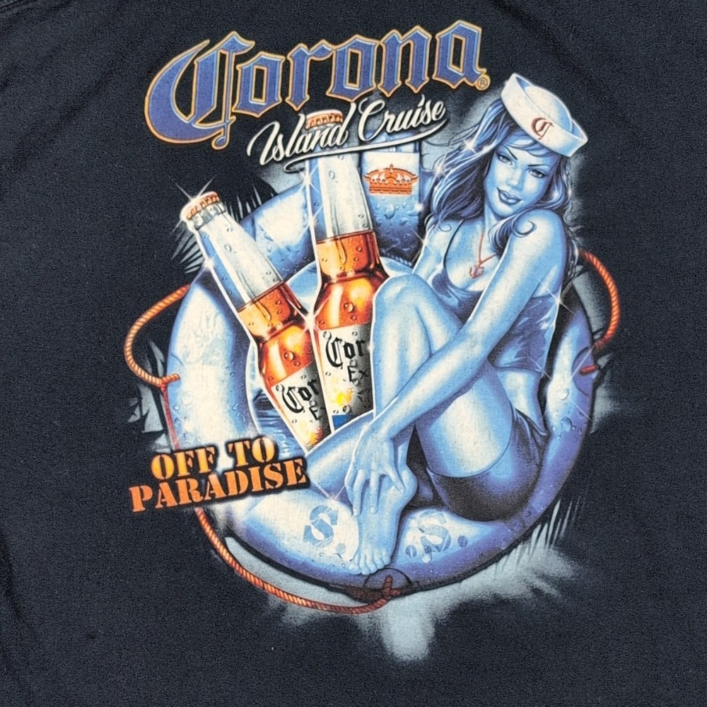 Y2K Corona Extra Beer Pinup Girl T Shirt Men's Size XL Navy Blue Vintage Trashy