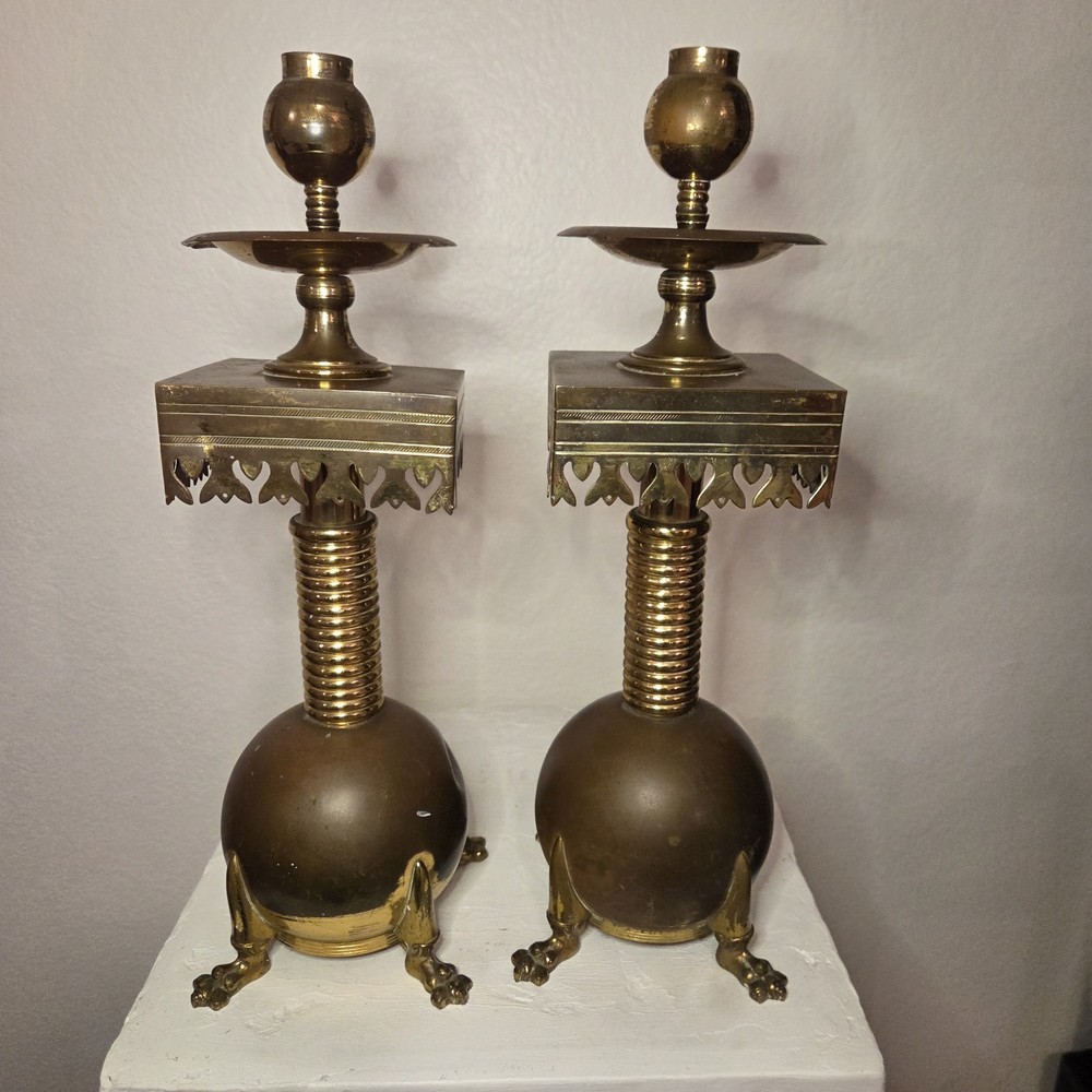 Antique Moorish Revival Brass Candlesticks Pair Aesthetic Movement Claw Foot