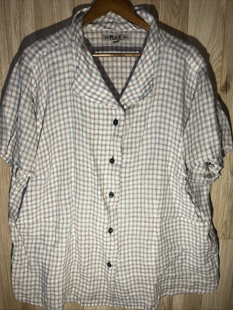 Flax Women’s 3G Linen Plaid Red And Blue Button Up Shirt Generous