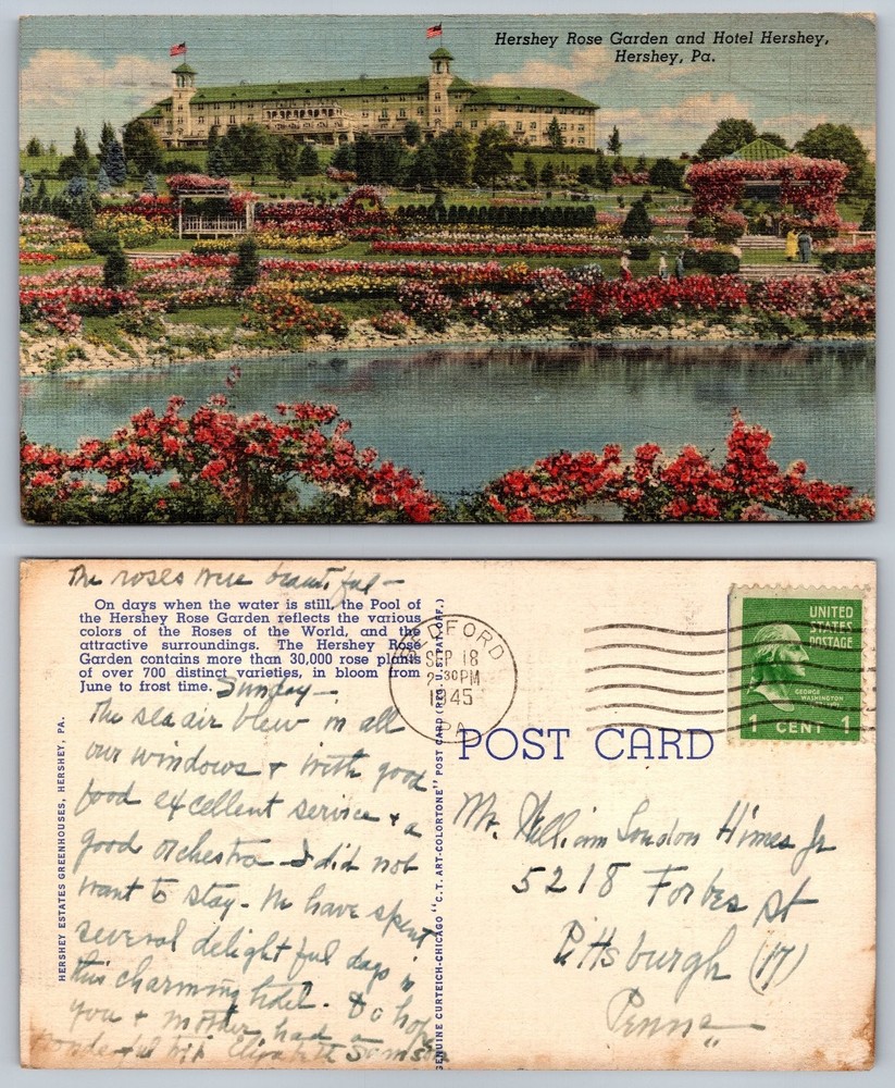 1945 Hershey Rose Garden & Hotel Hershey PA Linen Postcard Curteich