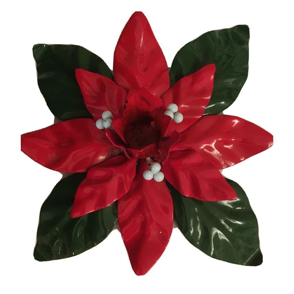 Vintage DEPT 56 Poinsettia Taper Candle Holder Red & Green  Enamel White Berries