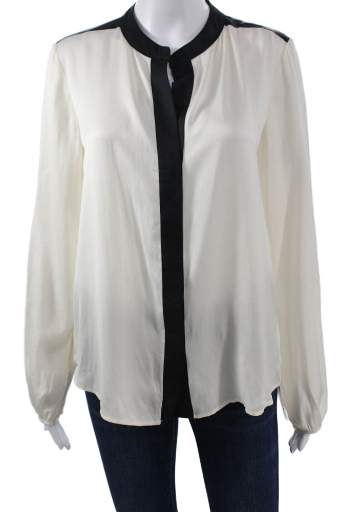 Theory Women Basic Silk Colorblock Collared Button Long Sleeve Blouse Size MFree Shipping in US $100+ Orders | $6.95 Orders Below