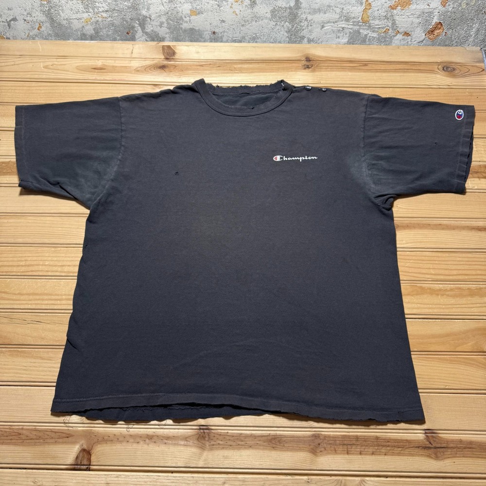 Vintage 90s Thrashed Champion Script Logo Embroidered Distressed T-Shirt - XL
