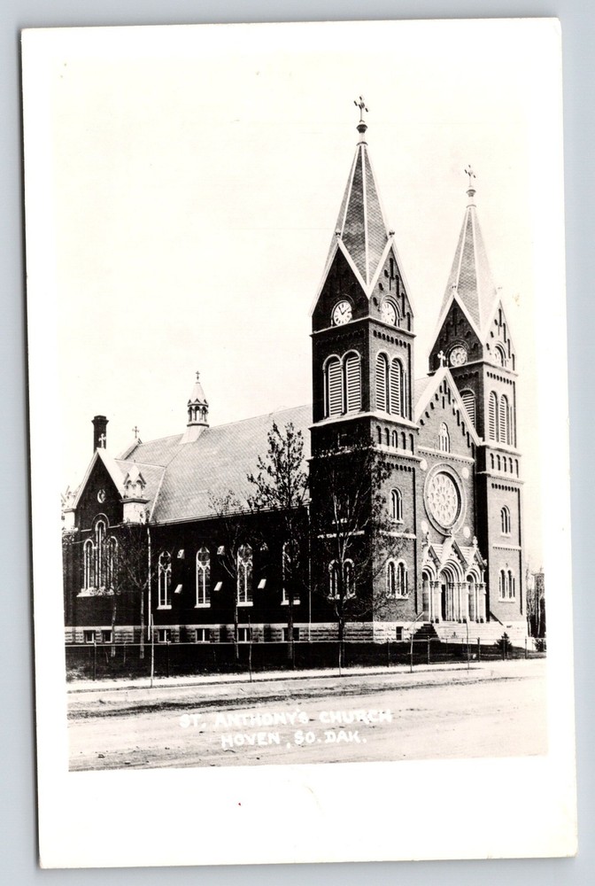 RPPC~Hoven South Dakota~St Anthonys Church~Rose Window~Steeples~Gothic~c1950 PC