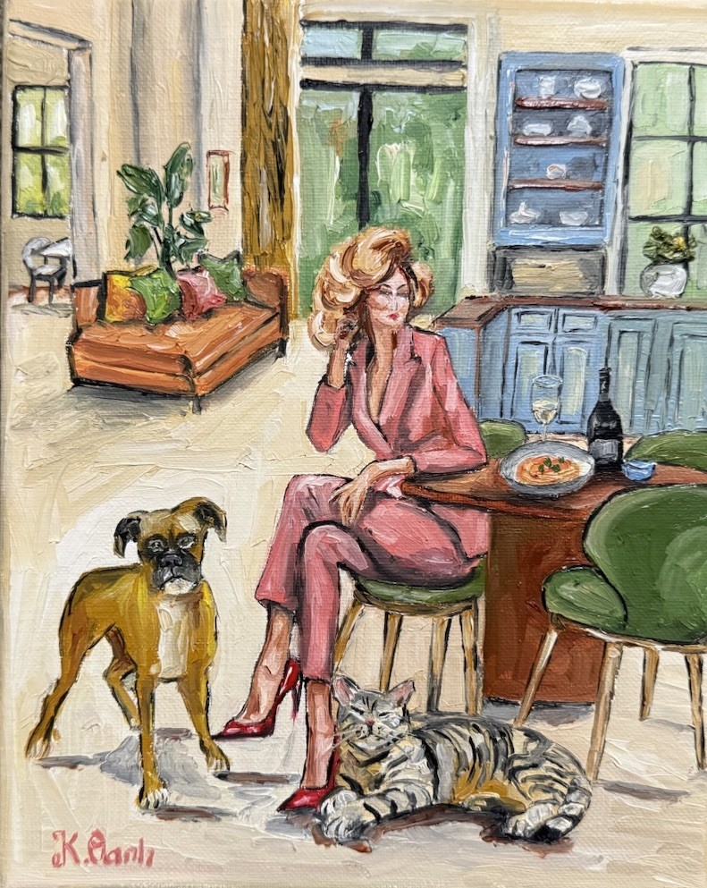 ORIGINAL OIL PAINTING A WOMAN BOXER DOG TABBY CAT INDOOR SCENE SIGNED 8x10