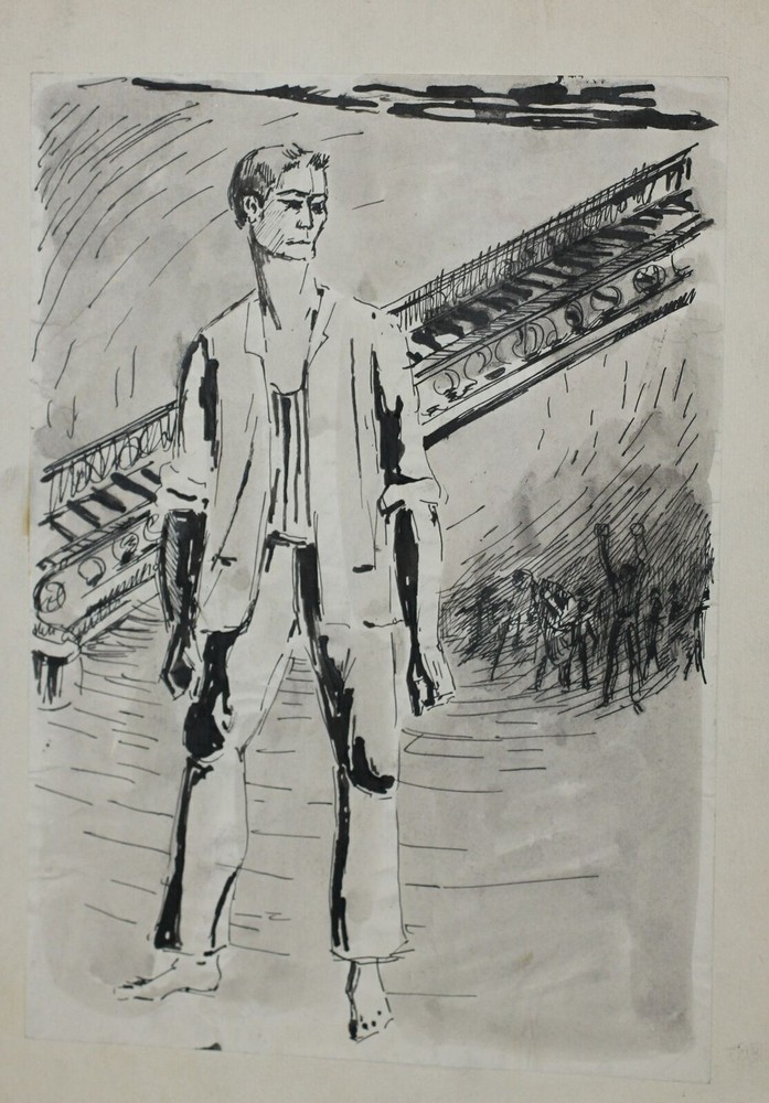 Antique realistic ink painting of a man and figures portrait