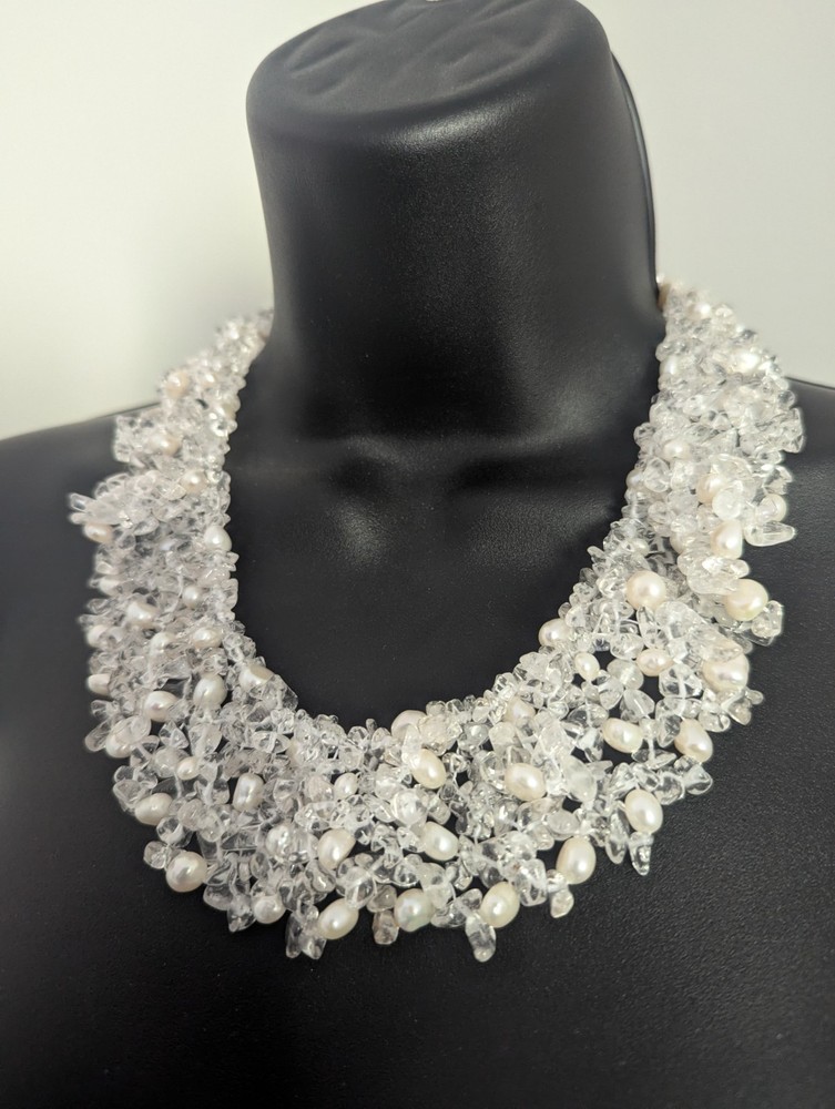 HSN Sterling Silver Pearl Quartz Bib Collar Necklace ~ 16