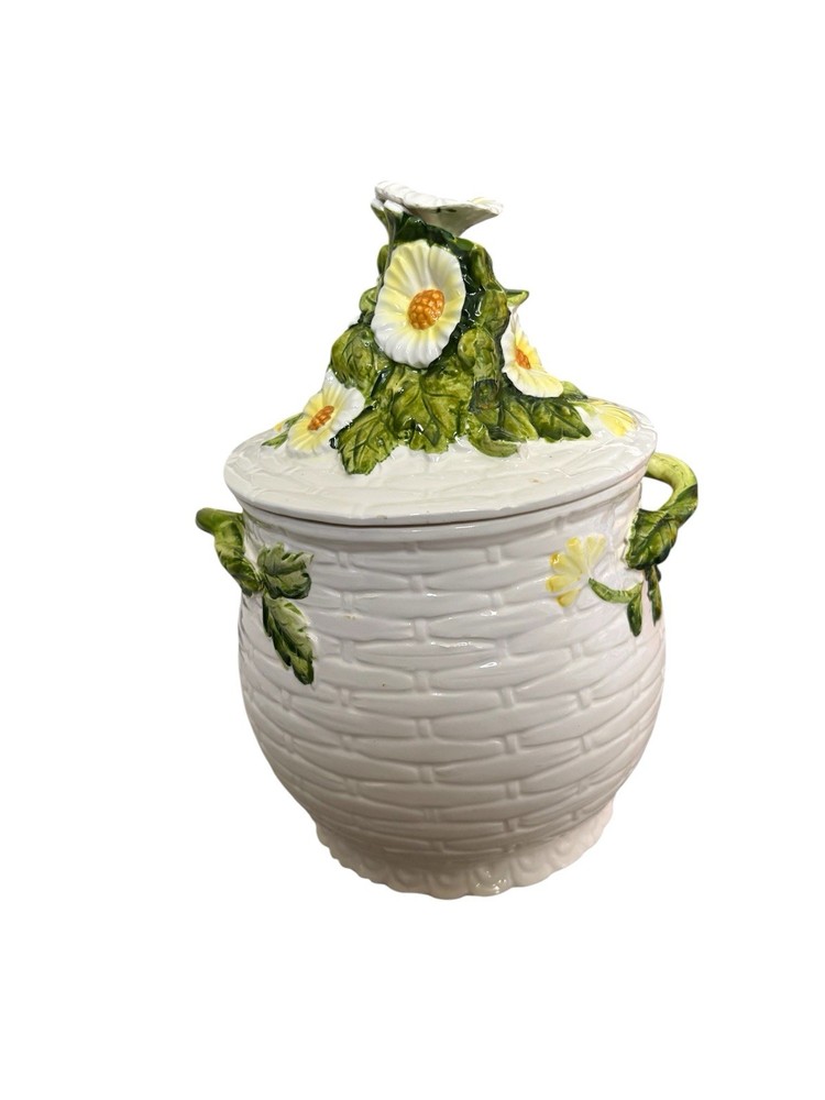 VTG Geo Lefton Rustic Daisy Canister Cookie Jar #3859 Basket Weave Flowers 10”