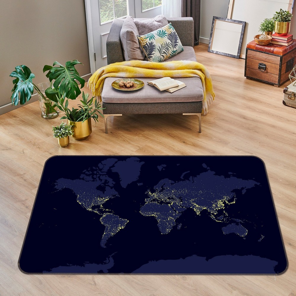 3D Blue Black Bedroom World Map Non-Slip Rug Elegant Photo Carpet Mat
