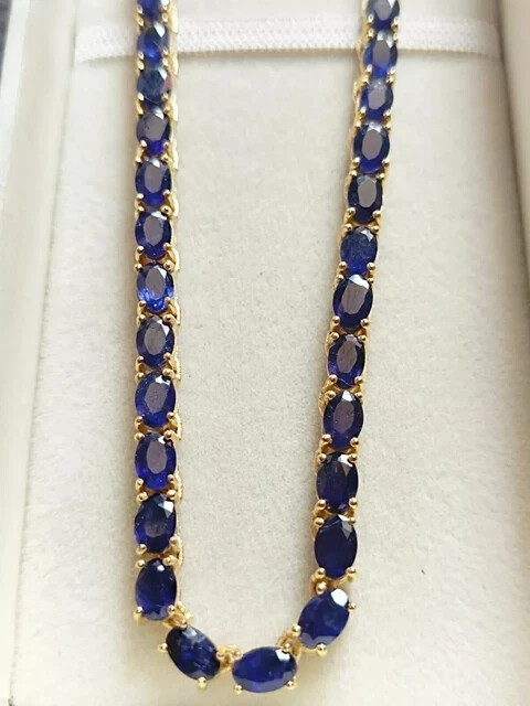 20 Ct Oval Cut Blue Sapphire Tennis Necklace 14k Yellow Gold Plated Lab Created