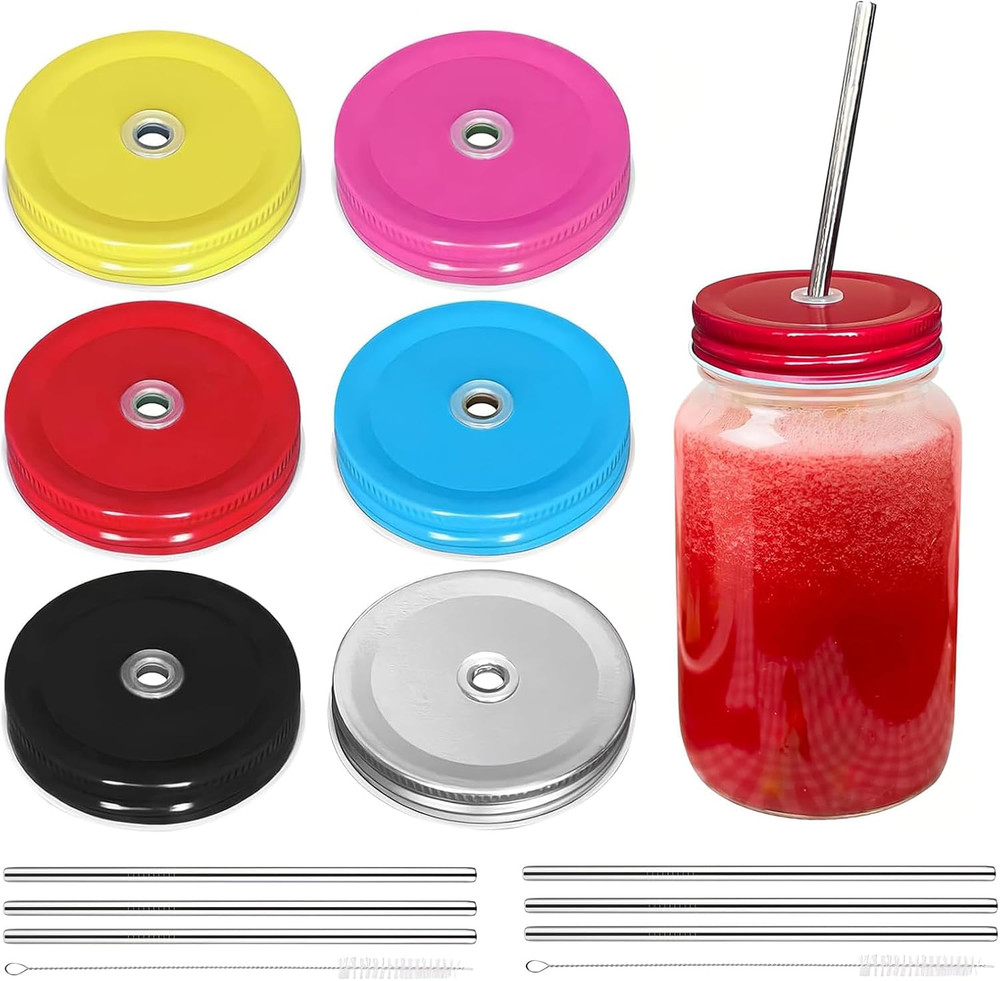 6 Pack Metal Drinking Lid with Straw Hole and Straws Compatible with Mason Jar R