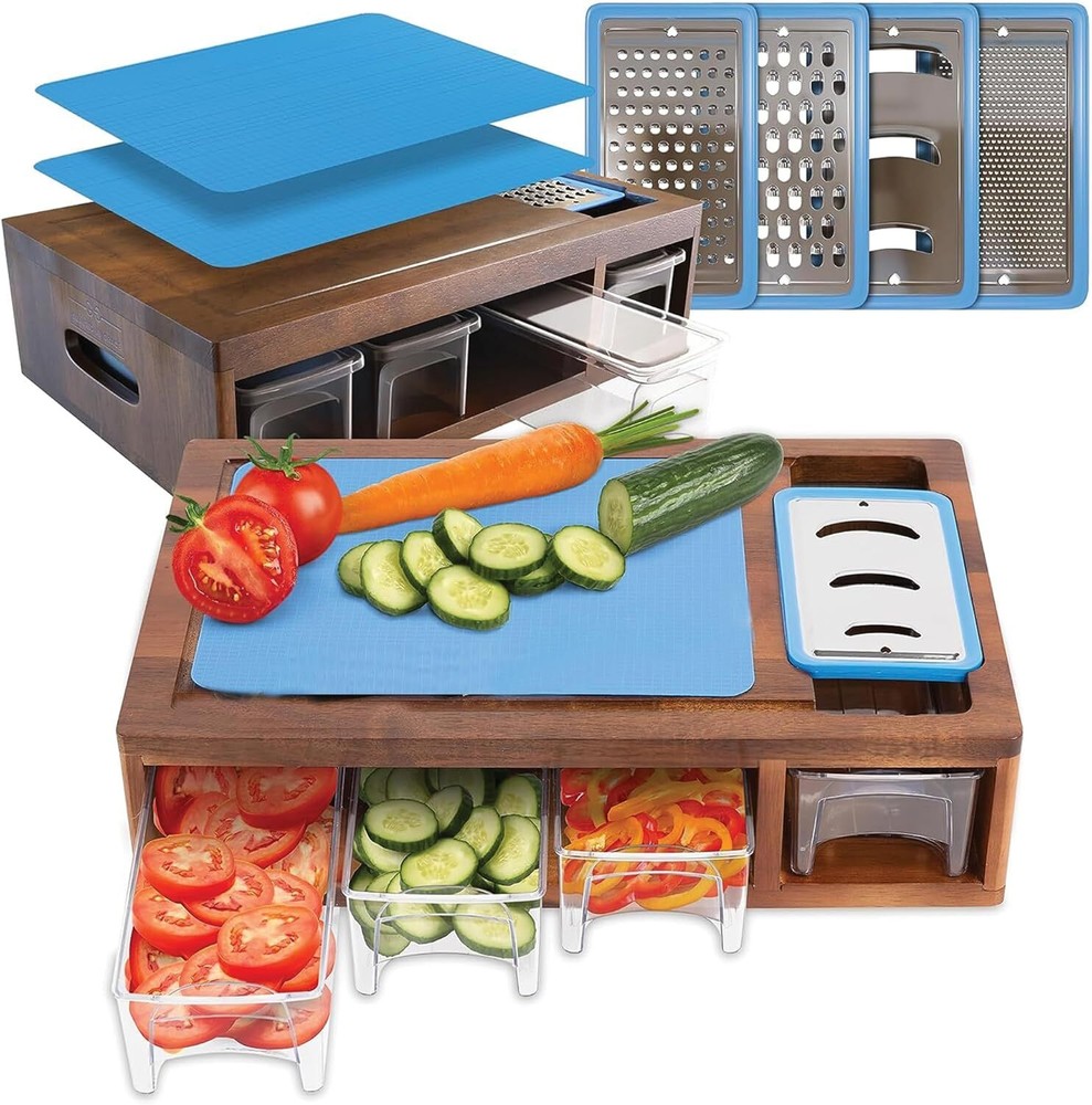 Acacia Cutting Board with Containers & Lids - Board Meal Prep System w 4 Graters-image