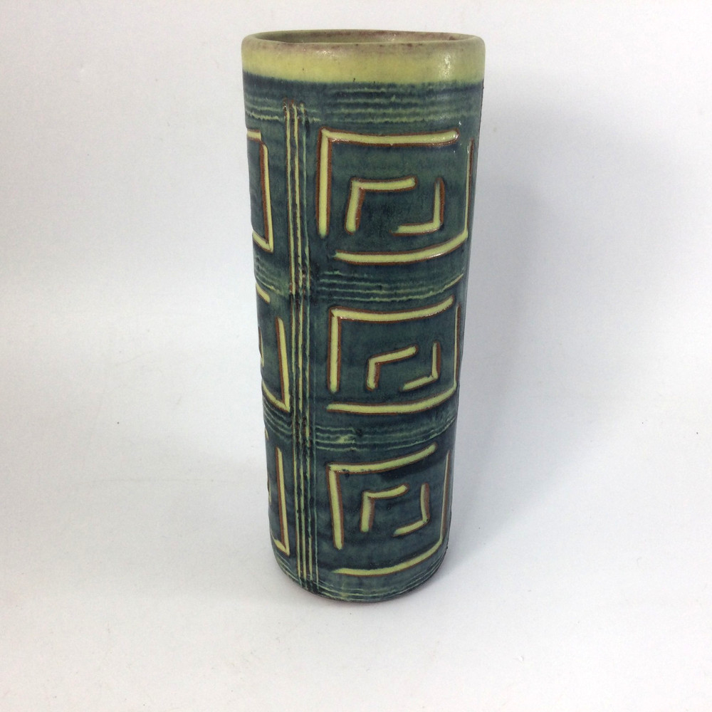 MCM Ceramic Vase Hal Lasky Puerto Rico Pottery Geometric Design Green 7