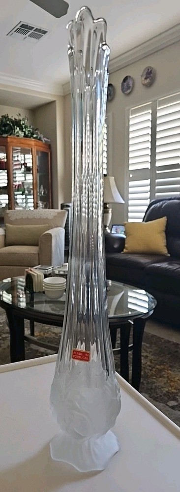 VTG IVIMA of PORTUGAL CLEAR & FROSTED EXTRA TALL SWUNG / STRETCH VASE WITH LABEL