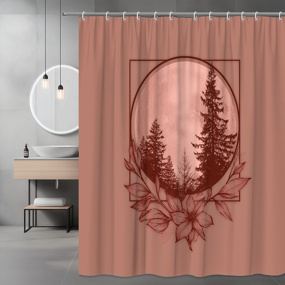 Moon Forest Floral Shower Curtain Pink Nature Graphic