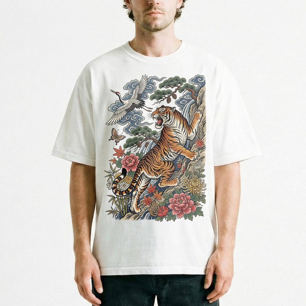 Roaring Tiger Waterfall Crane Japanese Tattoo Style Vintage t-shirt Oriental Tee