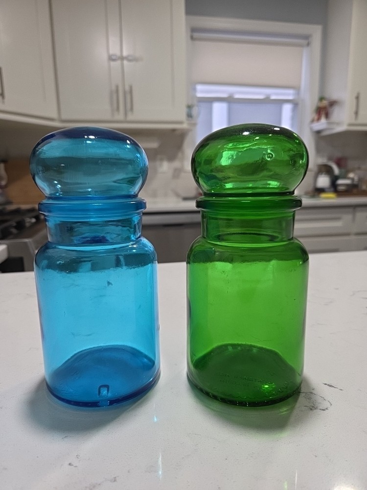 2 Vintage Belgium Green And Blue Glass Canister Apothecary Jar Bubble Lid 7”
