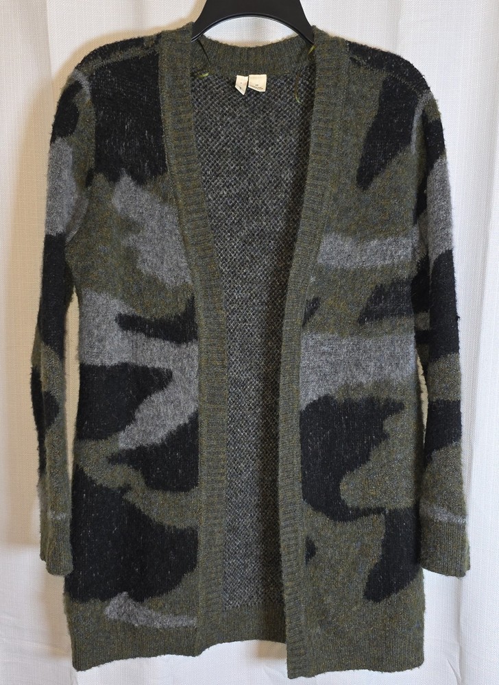 ANTHROPOLOGIE Moth Sweater Women’s Size XS Green Camo Knit Open Front Cardigan