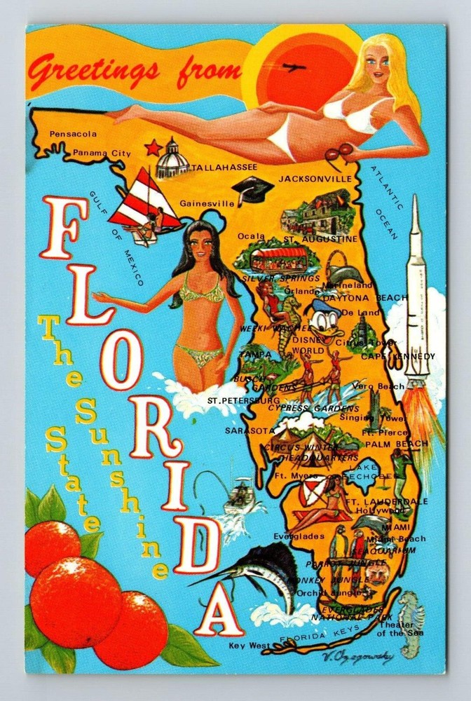 FL-Florida, Scenic Map Greetings, Landmarks On Map, Sunshine, Vintage Postcard