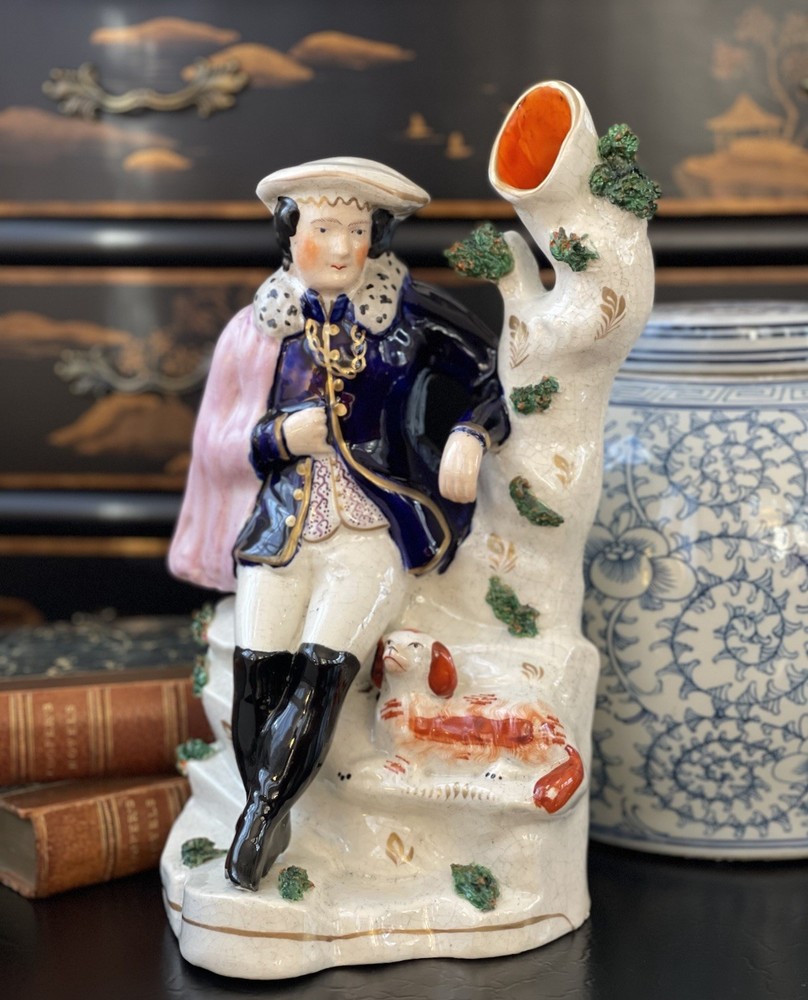 Rare 19C English Staffordshire Figural Noble Hunter Spaniel Dog Spill Vase 13”