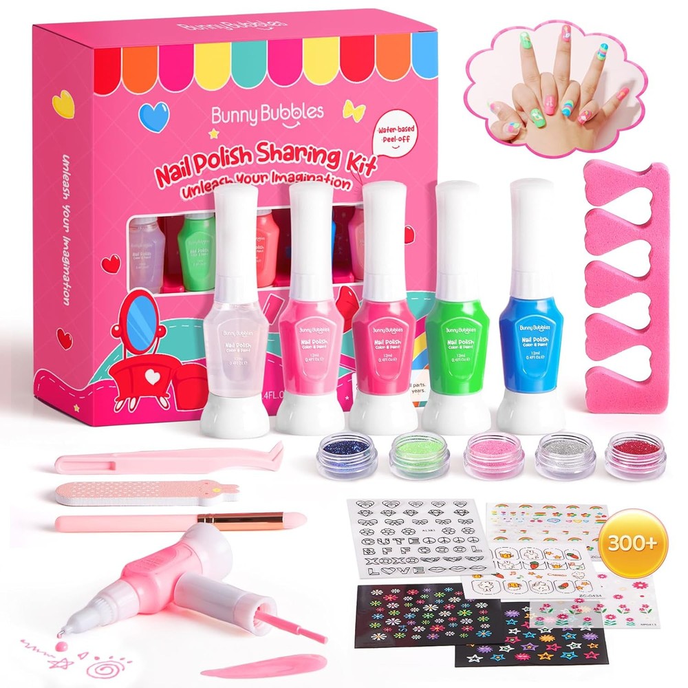 Kids Nail Polish Kit for Girls Gifts- Pink, Light Clear, Green, Blue