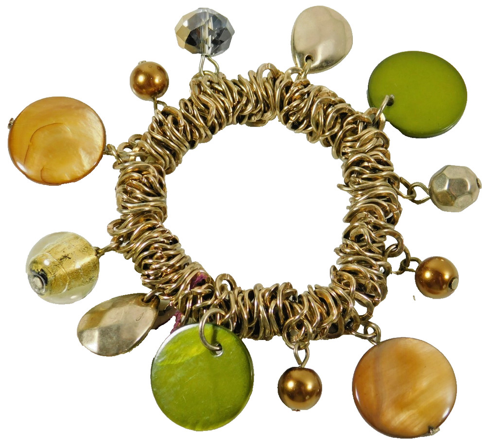 Multicolor Art Glass and  Acrylic Charm Brass Tone Stretch Bracelet
