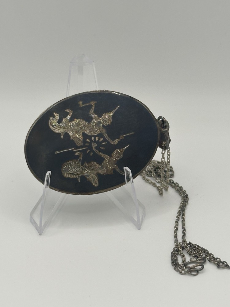 Beautiful Large Vintage Sterling Silver & Black Enamel Siam Dancer Necklace