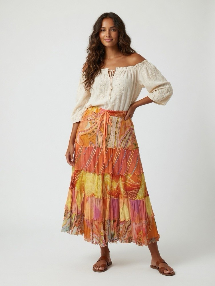 Midnight Velvet Women's Medium Orange Patchwork Boho Maxi Skirt Hippie Festival