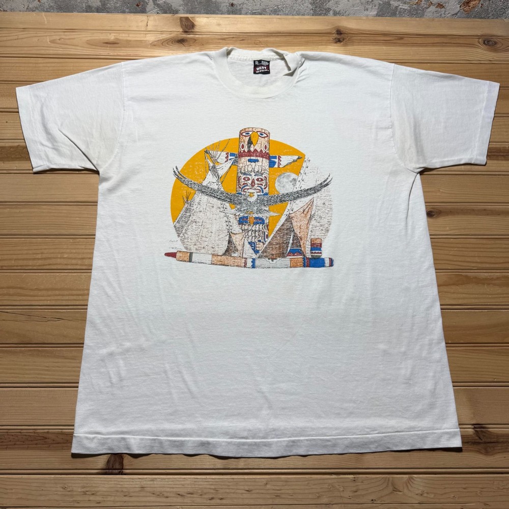 Vintage 90s Native American Totem Pole Eagle Tribal Graphic T-Shirt USA - XL