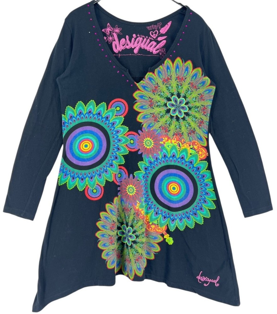DESIGUAL Women V-Neck Long Sleeve Dress Floral Size XL