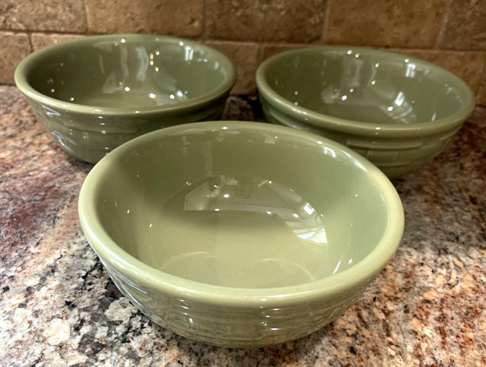 3 Longaberger Pottery Woven Traditions 5 7/8” Cereal Dessert Bowls Sage Green
