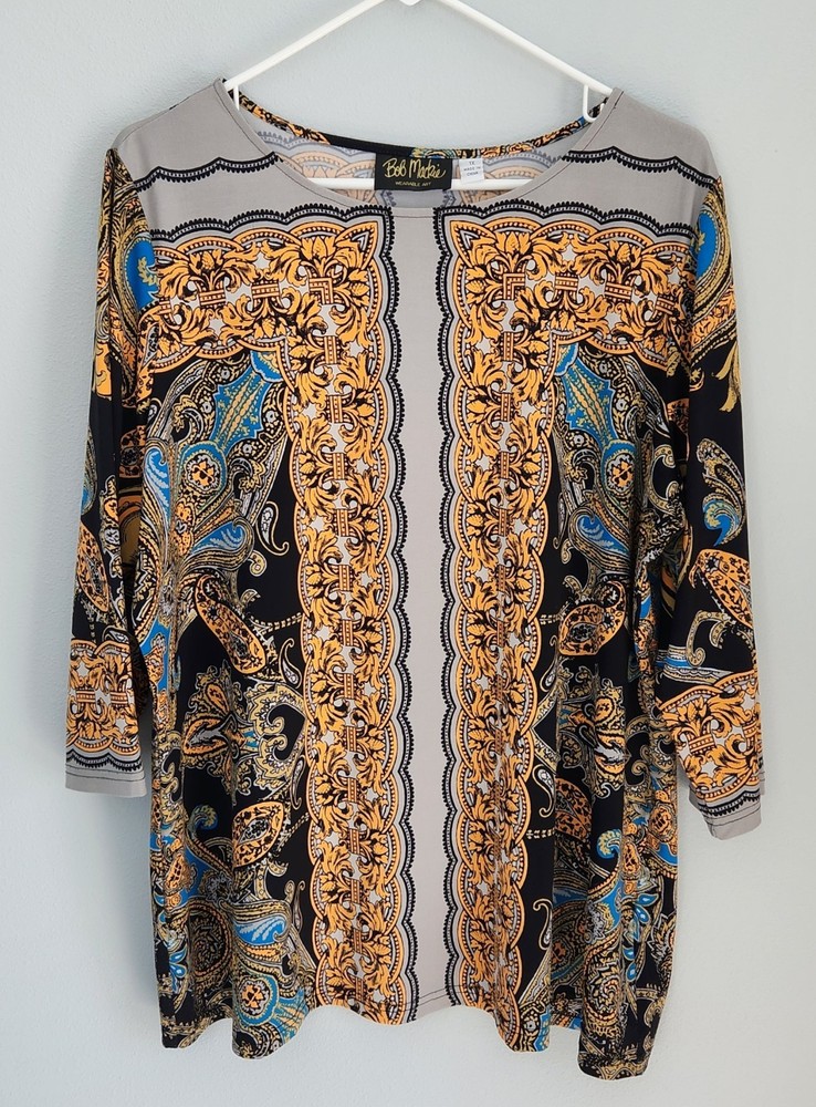 Bob Mackie Wearable Art Women 3/4 Sleeve Pullover Tunic Blouse Top 1X Artsy Boho