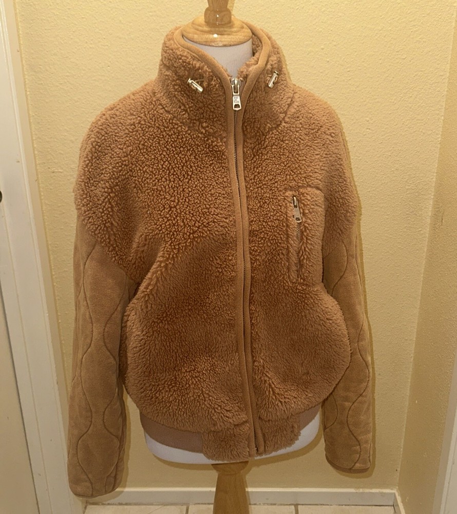 Avec Les Filles Women’s Brown Mixed Media Quilted Sleeve Teddy Jacket 2xSmall