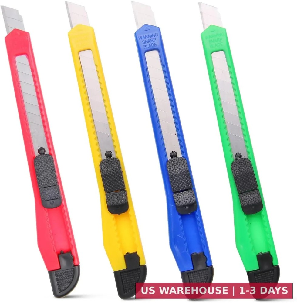 4 Pack Retractable Box Cutter Utility Knife Set Carbon Steel Razor Blade Opener.