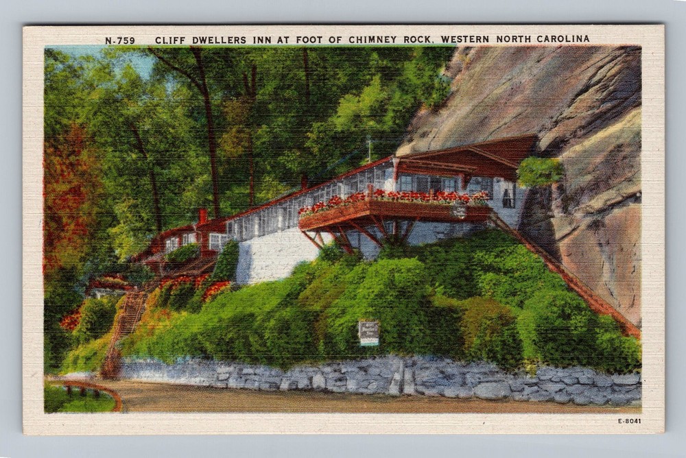 NC-North Carolina Cliff Dwellers Inn At Foot Of Chimney Rock Vintage Postcard