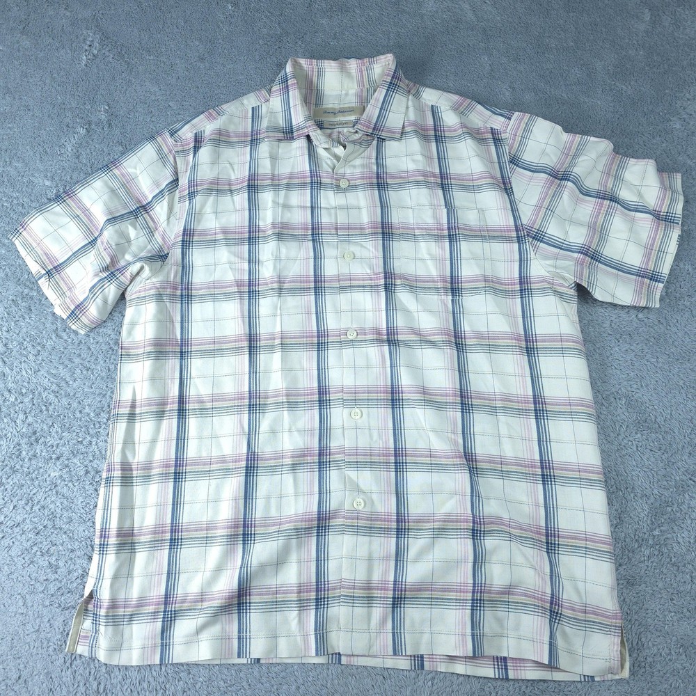 Tommy Bahama Shirt Mens Large White Plaid Short Sleeve Silk Button Up Casual