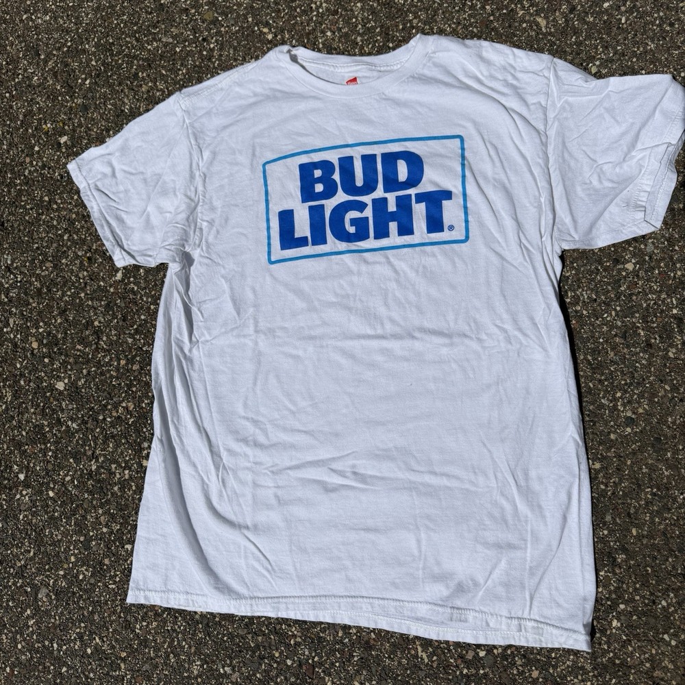 Hanes Nano-T Bud Light Logo Graphic White Cotton Crew Neck T-Shirt Men’s L