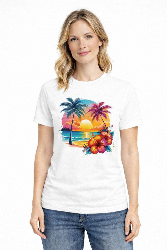Women's Tropical Beach T-Shirt Palm Tree Hibiscus Sunset Vacation Graphic Tee