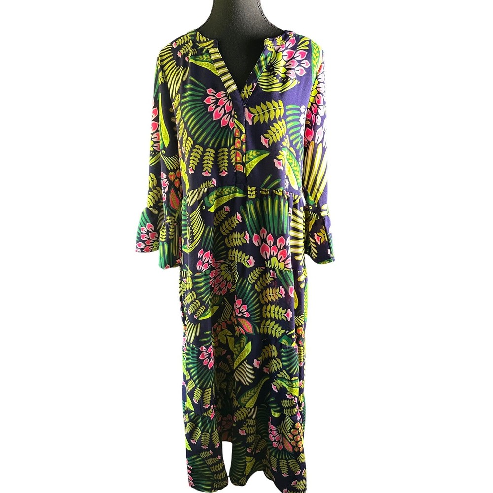 Michelle McDowell Maxi Dress Toucan Tango Navy Green Pink Bell Sleeve XL maxi