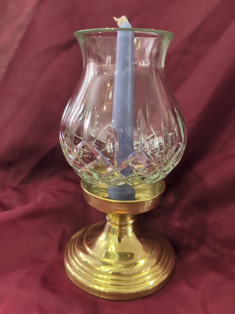 Vtg Heavy Cut Glass Hurricane Lamp Candle Holder W/ Thin Metal Gold Tone Base