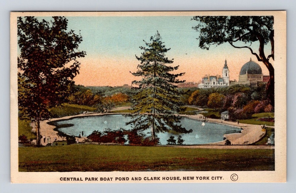 New York City NY, Central Park Boat Pond, And Clark House Vintage c1921 Postcard